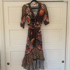 Anthropologie Farm Rio black floral wrap dress